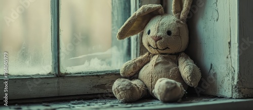 Worn vintage stuffed toy rabbit on a dusty windowsill capturing themes of nostalgia and decay in a serene indoor setting