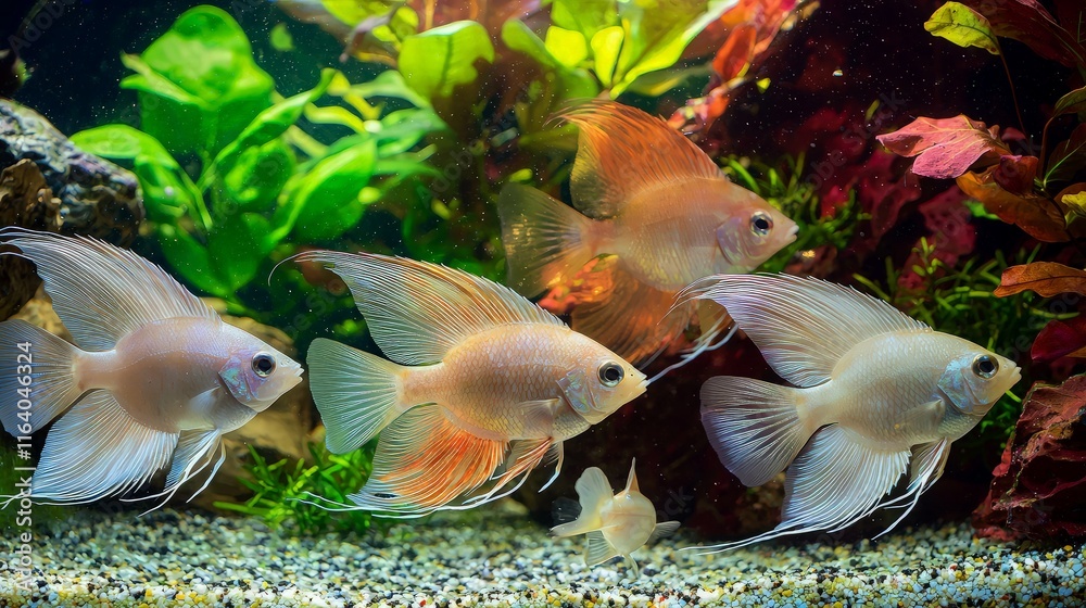 Obraz premium Vibrant angelfish swimming in a lush planted aquarium.