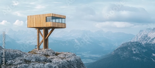 Modern wooden observation tower offering panoramic mountain views in a serene natural landscape for photography and design projects.