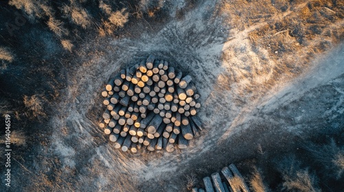 Aerial view of neatly stacked dry pine logs in a forest clearing under natural sunlight