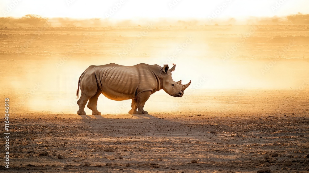 Fototapeta premium White rhino in dusty African savanna at sunset.