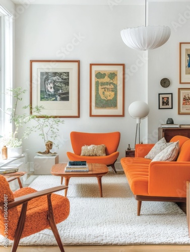 Mid Century Modern Living Room Decor With Orange Furniture