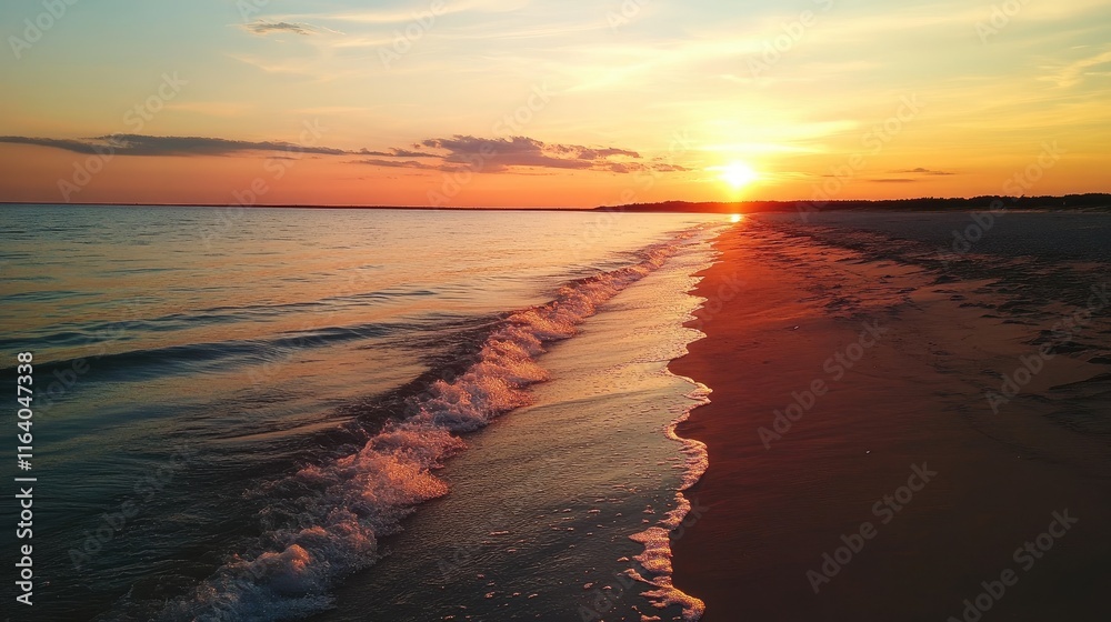 Aerial view of serene sandy beach at sunset with gentle waves and vibrant sky reflecting on calm ocean waters Aerial view of serene sandy beach at sunset with gentle waves and vibrant sky reflecting on calm ocean waters