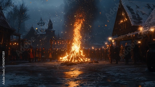 Crowd gathered around a bonfire in a snowy village square at night.