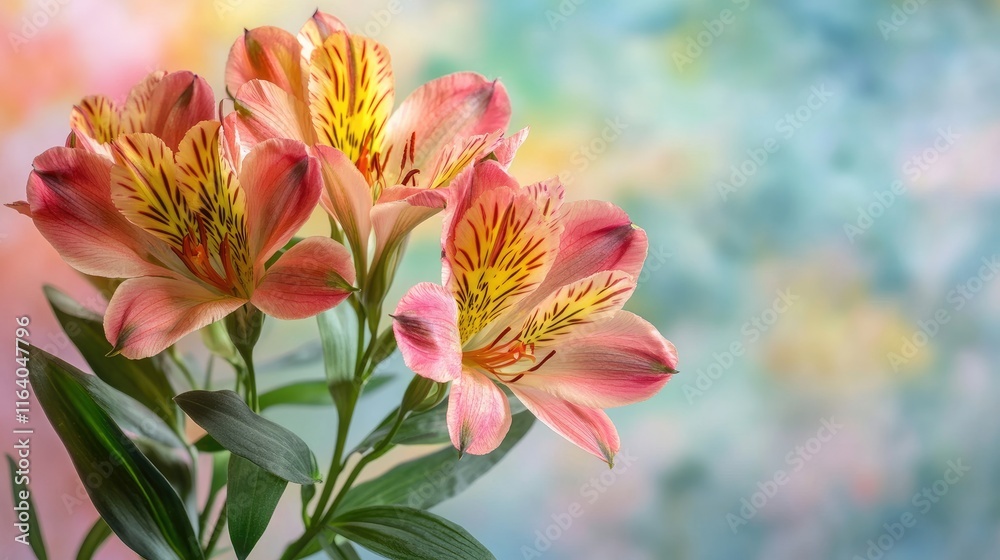 Alstroemeria flowers in soft pastel colors creating a vibrant and cheerful floral arrangement against a bright background Alstroemeria flowers in soft pastel colors creating a vibrant and cheerful floral arrangement against a bright background