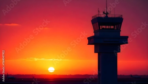 Silhouette of an air traffic control tower against a vibrant sunset sky. photo