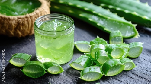 Aloe vera gel and fresh leaves showcasing the plant's natural health and beauty benefits on a dark stone background