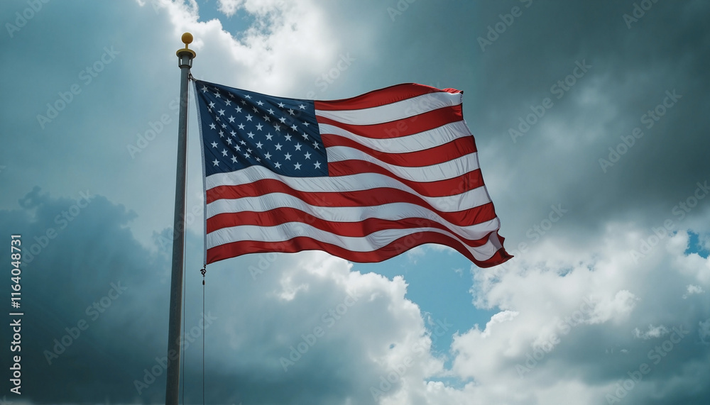 American flag waving against cloudy sky