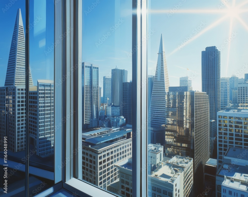 Fototapeta premium Sunlit cityscape view from modern office window.