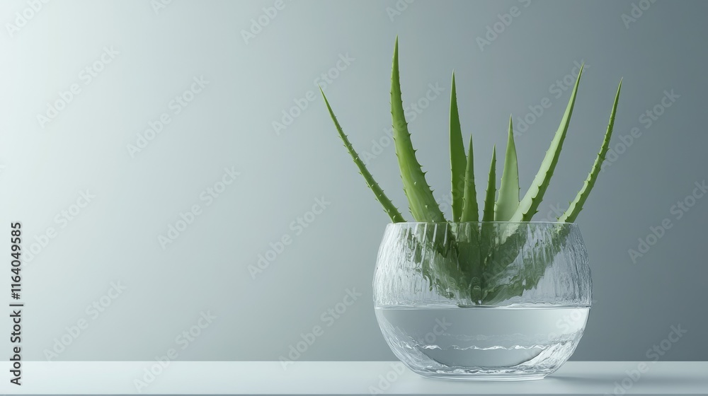 Aloe vera plant in a clear glass bowl with water against a minimalist gray background for health and wellness concepts Aloe vera plant in a clear glass bowl with water against a minimalist gray background for health and wellness concepts