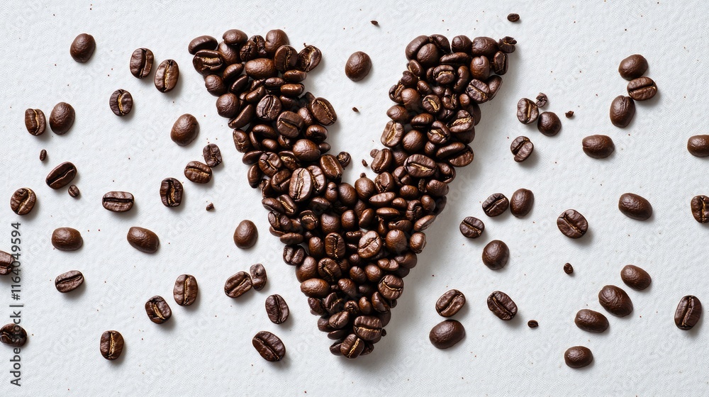 Letter V formed by roasted coffee beans on a textured background showcasing creativity and passion for coffee culture and typography. Letter V formed by roasted coffee beans on a textured background showcasing creativity and passion for coffee culture and typography.