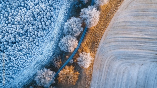 Aerial View of Tranquil Winter Landscape Featuring Frost-Covered Fields and Trees in Soft Morning Light photo