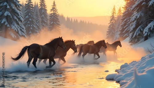 A wild horse herd crossing a misty, snow-covered river, illuminated by soft sunrise light. photo