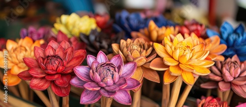 Vibrant spongewood artificial flowers beautifully arranged for sale at a colorful handicraft fair showcasing artisanal craftsmanship. photo