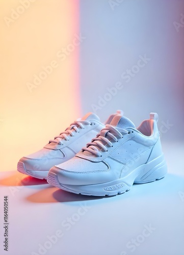 A pair of sleek white sneakers against a white background, emphasizing craftsmanship and design. photo