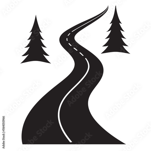Isolated black color curved road or highway with dividing markings,trees silhouette 