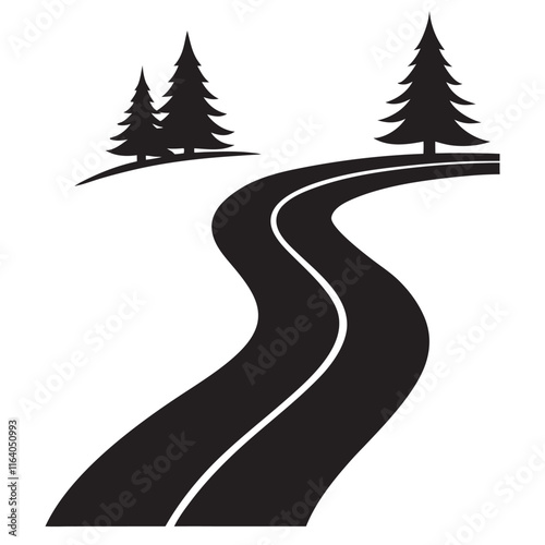 Isolated black color curved road or highway with dividing markings,trees silhouette 