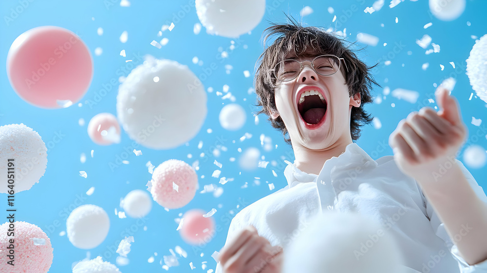 Excited young man with open mouth and raised fists surrounded by falling colorful pompoms against a blue background. Excited young man with open mouth and raised fists surrounded by falling colorful pompoms against a blue background.