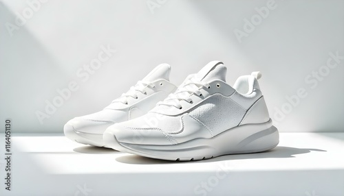 A pair of sleek white sneakers against a white background, emphasizing craftsmanship and design. photo