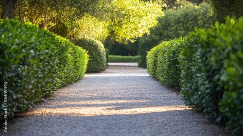 Serene gravel path bordered by lush green hedges under soft sunlight creating a tranquil outdoor atmosphere for leisure and reflection photo