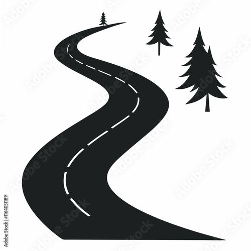 Isolated black color curved road or highway with dividing markings,trees silhouette 