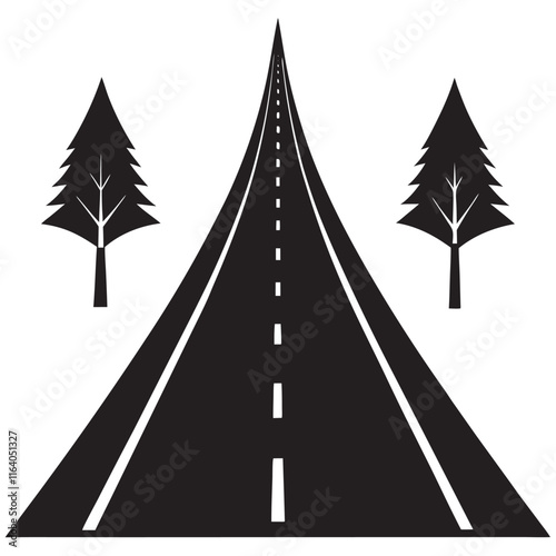 Isolated black colorcurved road or highway with dividing markings silhouette 