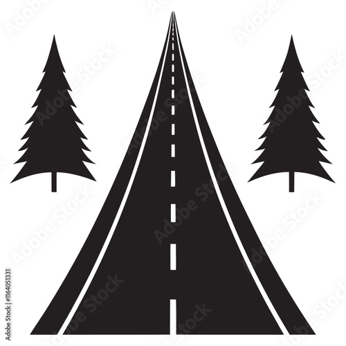 Isolated black colorcurved road or highway with dividing markings silhouette 