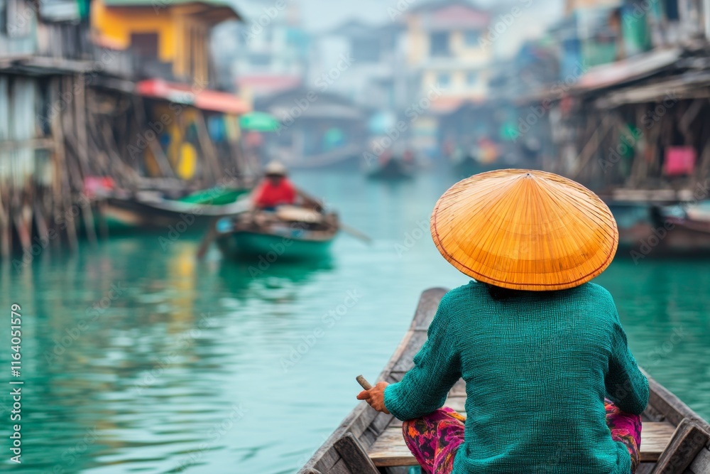 A traditional island village with stilt houses over water and locals paddling small wooden boats A traditional island village with stilt houses over water and locals paddling small wooden boats