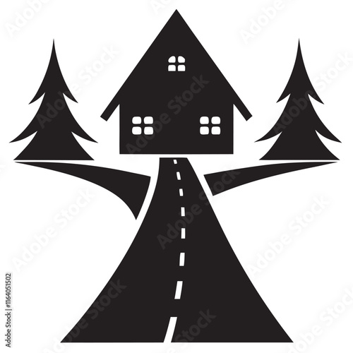 Isolated black colorcurved road or highway with dividing markings silhouette