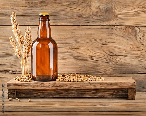 Brown glass bottle on rustic wooden table with wheat stalks and grains, perfect for showcasing craft beer, brewing process, or agricultural themes. photo