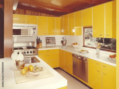 Retro Yellow Kitchen With Modern Appliances and Wood Accents