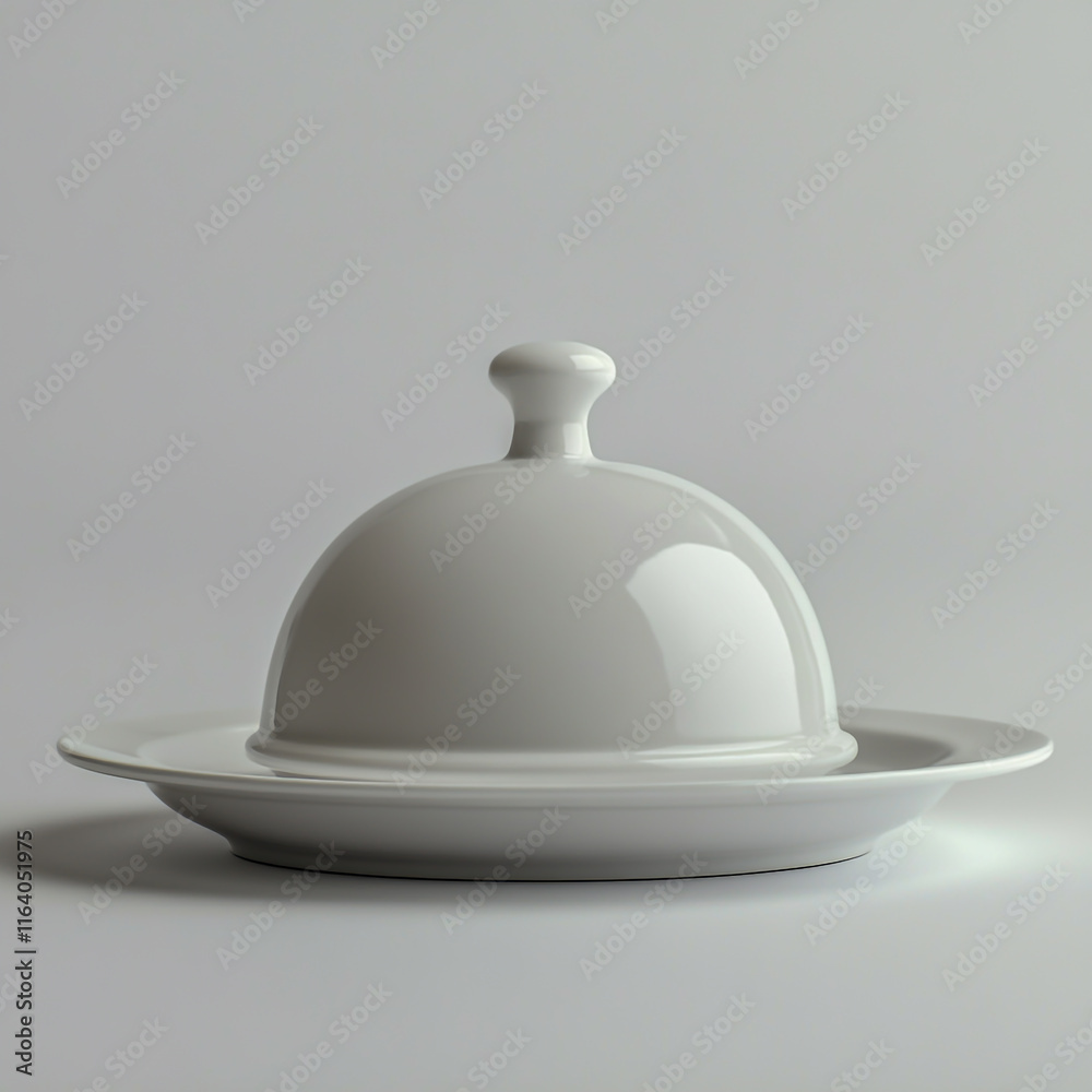 Fototapeta premium White serving cloche raised above empty white plate on white background.