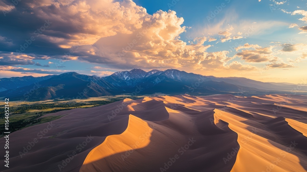 Fototapeta premium Aerial view of stunning sand dunes with dramatic shadows highlights and mountains under a colorful sky at sunset