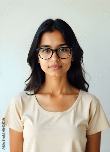 A confident young Indian woman in a beige top, exuding intelligence and determination. photo