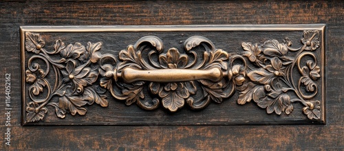 Antique bronze door handle with intricate floral design on a weathered wooden door highlighting historical craftsmanship and elegance photo