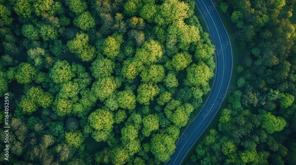 Aerial view of lush green trees and winding road in rural landscape capturing the beauty of spring travel and exploration in nature Aerial view of lush green trees and winding road in rural landscape capturing the beauty of spring travel and exploration in nature