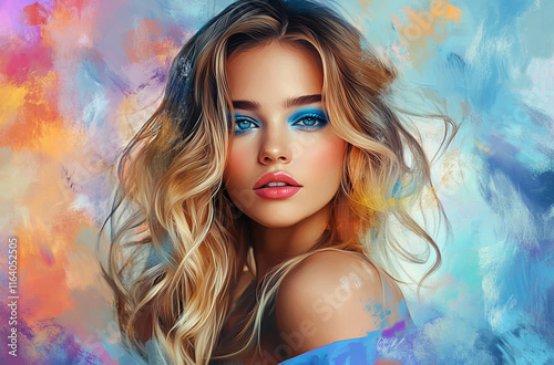 Beautiful woman, long hair, blue eyes, colorful image, color palette brush style, light background photo