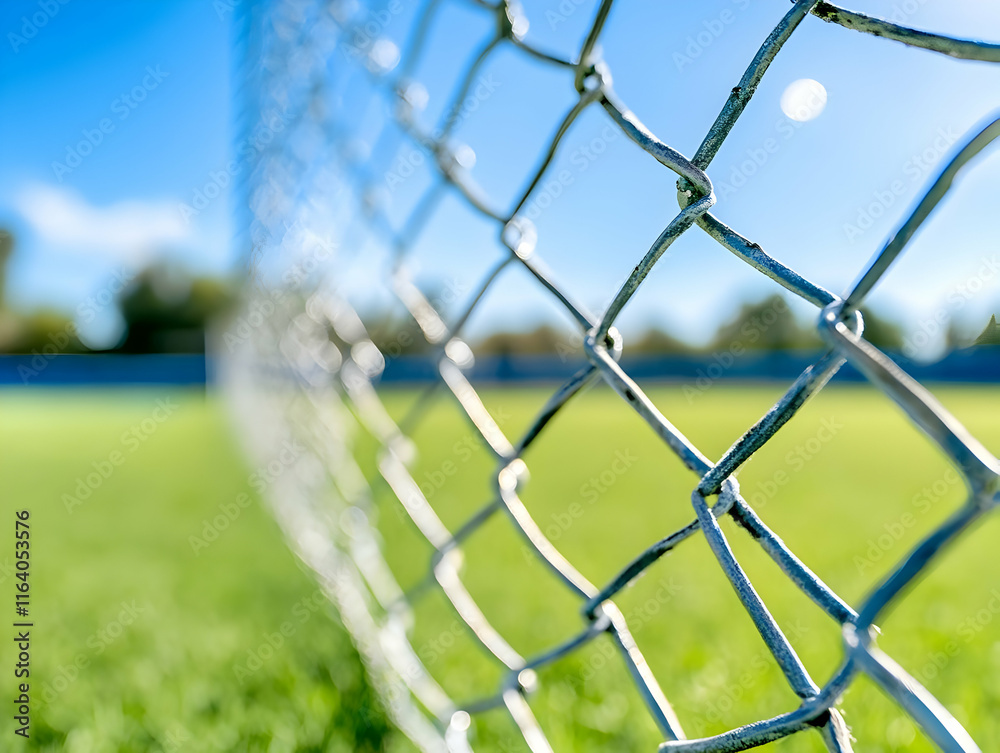 Close-up of chain link fence around a grassy sports field under blue sky. Close-up of chain link fence around a grassy sports field under blue sky.