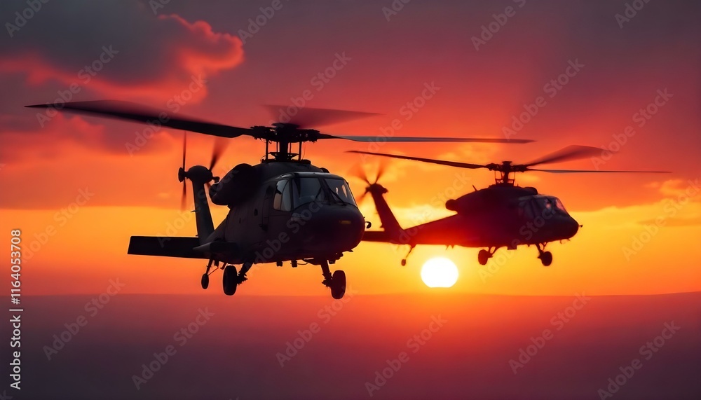 Two attack helicopters in formation soar against a vibrant sunset, exuding strength. Two attack helicopters in formation soar against a vibrant sunset, exuding strength.