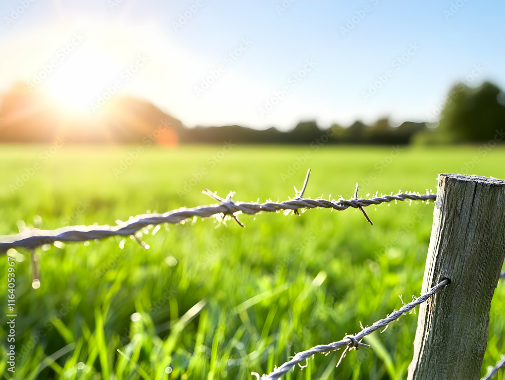 Barbed wire fence in a green field at sunrise. Barbed wire fence in a green field at sunrise.
