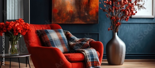 Cozy living room interior featuring a vibrant red armchair stylish throw fresh flowers decorative accessories and elegant art for chic dÃ©cor photo