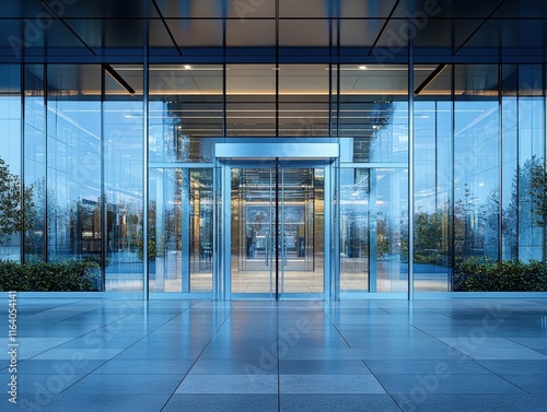 Modern building entrance with glass doors and city reflection.