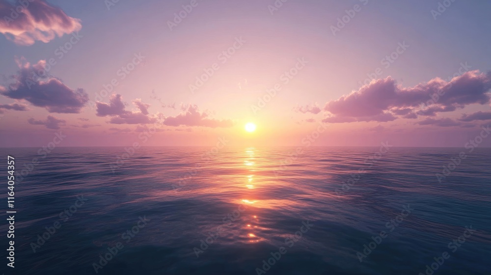 Naklejka premium Serene sunset view over a calm ocean with soft hues reflecting on the water creating a peaceful and tranquil atmosphere.