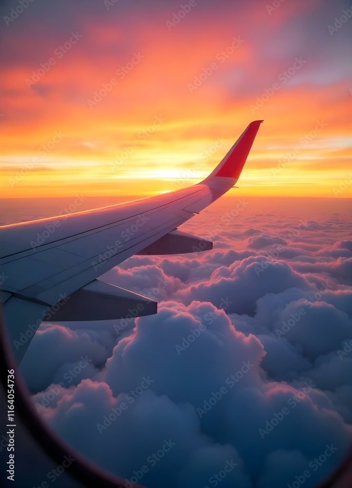Obraz premium A plane wing extends over sunset-lit clouds, evoking flight's serene beauty.
