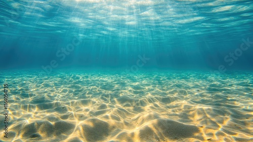 Aerial View of an Expansive Sandy Seabed Under Water with Rays of Light Creating an Abstract and Tranquil Background. photo