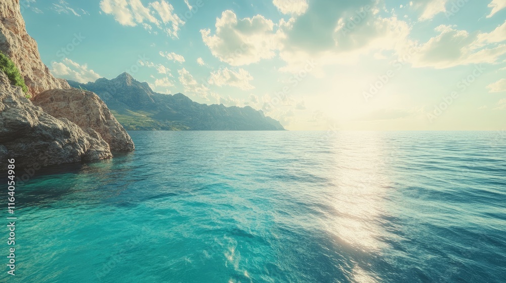 Fototapeta premium Tranquil ocean landscape with serene waters, rocky coastline, and gentle sunlight reflecting on the surface under a clear sky.