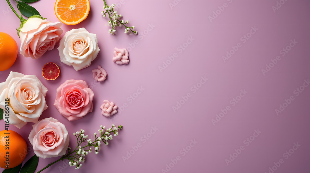 Obraz premium Roses and oranges on a purple background. Natural spa products and bath decor. Concept of aromatherapy and fragrance. Flat lay composition, top view with space for text.