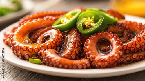 Delicious octopus dish garnished with fresh green peppers served on a white plate showcasing vibrant colors and enticing presentation. photo