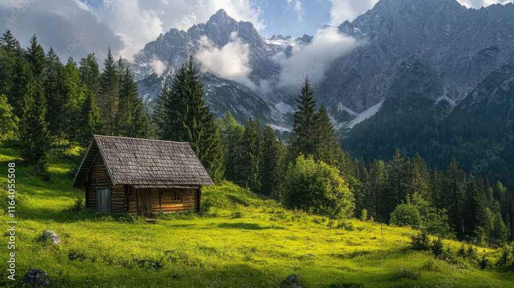 Serene alpine landscape featuring a rustic cabin surrounded by lush greenery and majestic mountains under a blue sky with clouds Serene alpine landscape featuring a rustic cabin surrounded by lush greenery and majestic mountains under a blue sky with clouds