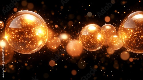 Golden spheres sparkle with light in dark space